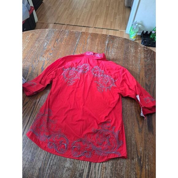 New Large Danesi Jeans Red Grey Embellished Western Hispanic Streetwear Shirt - Picture 5 of 6